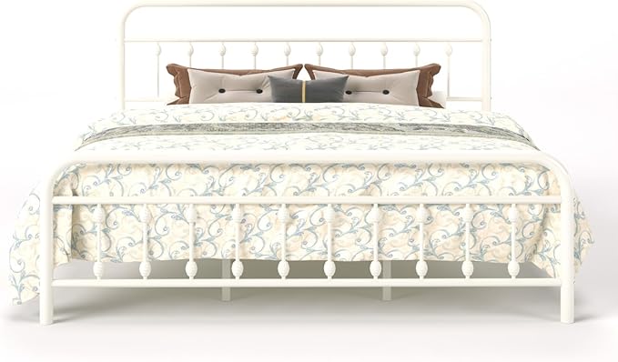 SHA CERLIN King Size Metal Platform Bed Frame with Victorian Style Iron-Art Headboard and Footboard, Easy Assembly, Under Bed Storage, No Box Spring Required, White