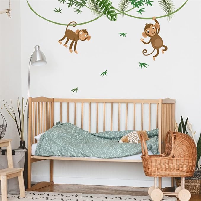 Large Size Tropical Palm Green Leaf Plant Animals Jungle Wall Decals For Kids Room Bedroom Cute Monkey Zebra Giraffe Big Vinyl Self-adhesive Wallpaper Peel and Stick Woodland Forest Kindergarten Decoration Sticker Removable DIY Nursery Mural
