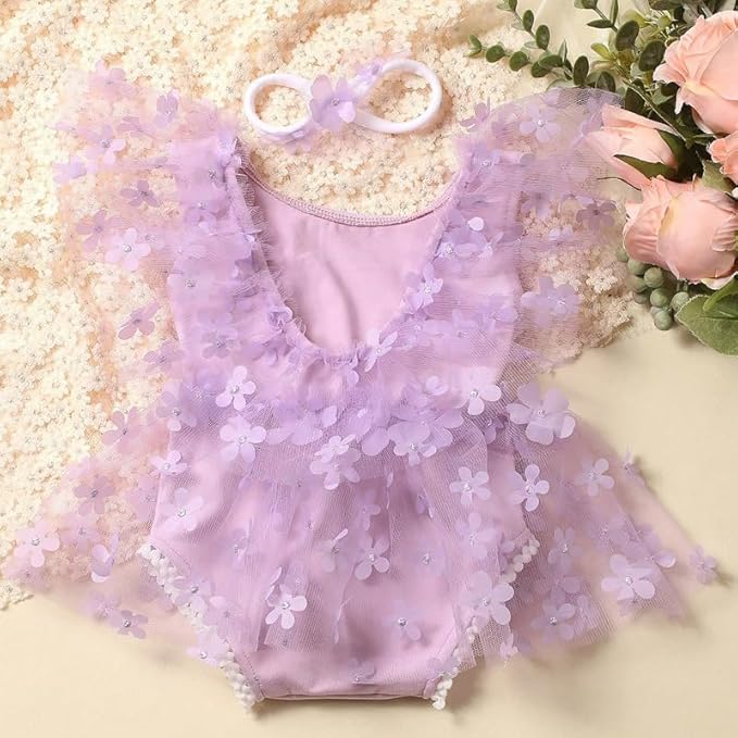Newborn Girl Photography Outfits, Backless Lace Romper with Flower Headband Photo Props, Baby Girl Photoshoot Outfits