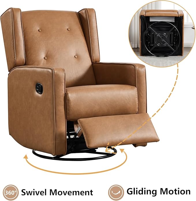 CANMOV Swivel Rocker Recliner Chair, Nursery Glider Chair, Nursery Rocking Chairs, Manual Reclining Chair, Brown