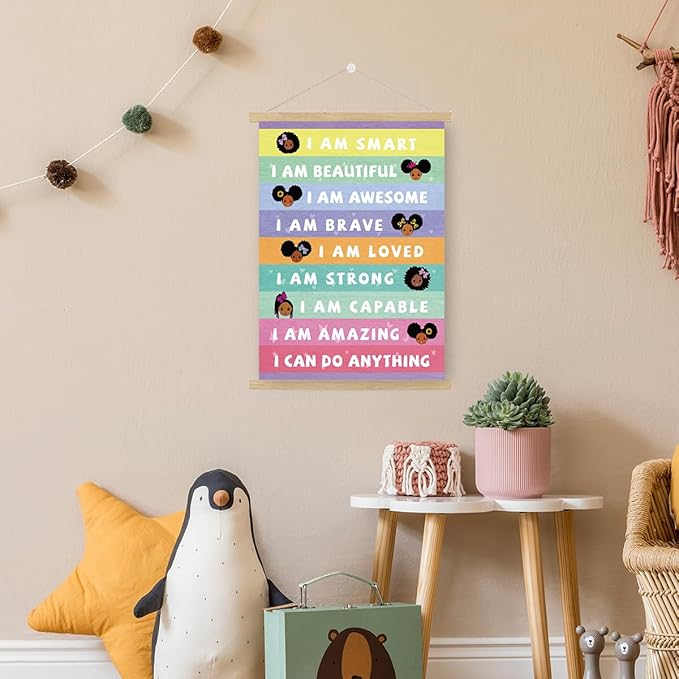 Qswo Positive Affirmations Wall Decor for Girls,I Am Smart Black Girl Wall Art Poster Hanger Frame,Inspirational Hanging Canvas Wall Decor for Girls Room Dorm Nursery