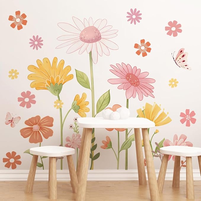 Boho Flower Wall Stickers - Daisy Wildflower Wall Decals with Butterfly Floral Design for Girls Bedroom, Baby Nursery, Kids Room