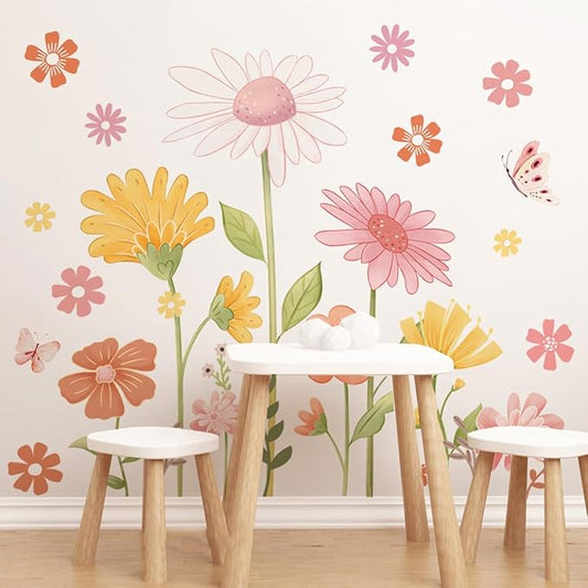 Boho Flower Wall Stickers - Daisy Wildflower Wall Decals with Butterfly Floral Design for Girls Bedroom, Baby Nursery, Kids Room