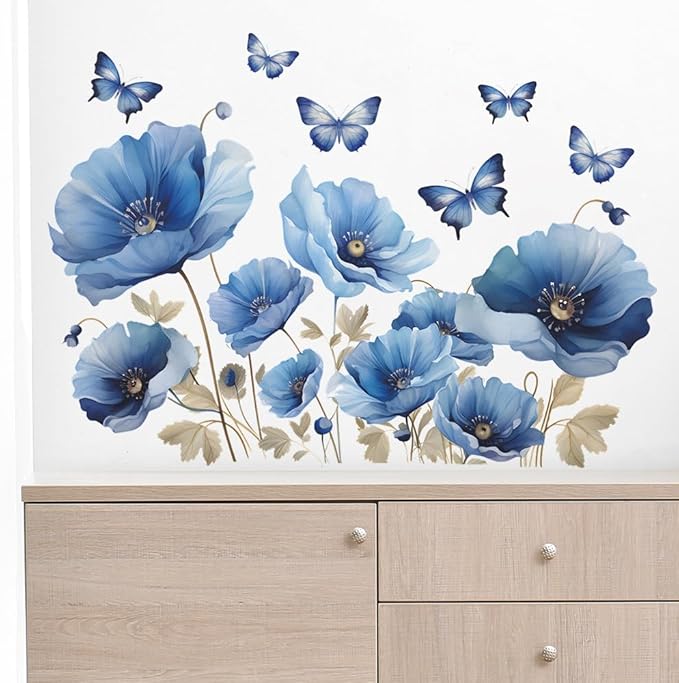 Blue Flower Wall Decals Peel and Sticker DIY Floral Butterly Wall Stcikers Murals for Girls Bedroom, Living Room, Kids Room Wall Decor