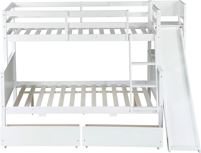 Twin Over Full Bunk Bed with 2 Drawers and Slide, Wood Bunk Bed Frame with Shelves and Ladder, Space Saving Design Bunk Bed for Kids Teens Boys Girls (White-x32c)