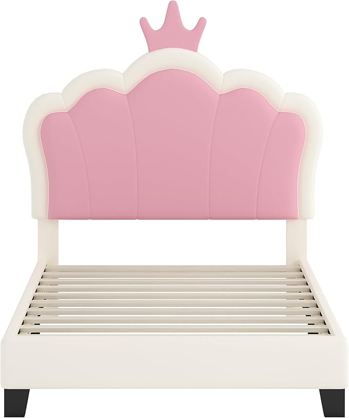 Bellemave Twin Size Princess Bed Frame with Crown Shaped Headboard for Kids,Upholstered Platform Bed with Slats Support,Twin Girls Bed,White