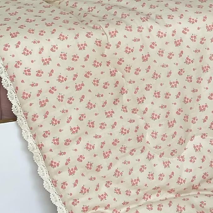 BuLuTu Pink Floral Kids Quilts Full Bed Comforter for Girls Teens Cotton Muslin Quilted Blanket with Chic Lace Edges Reversible Galsang Flower Pattern Quilt, 1 Piece, 79"x90"