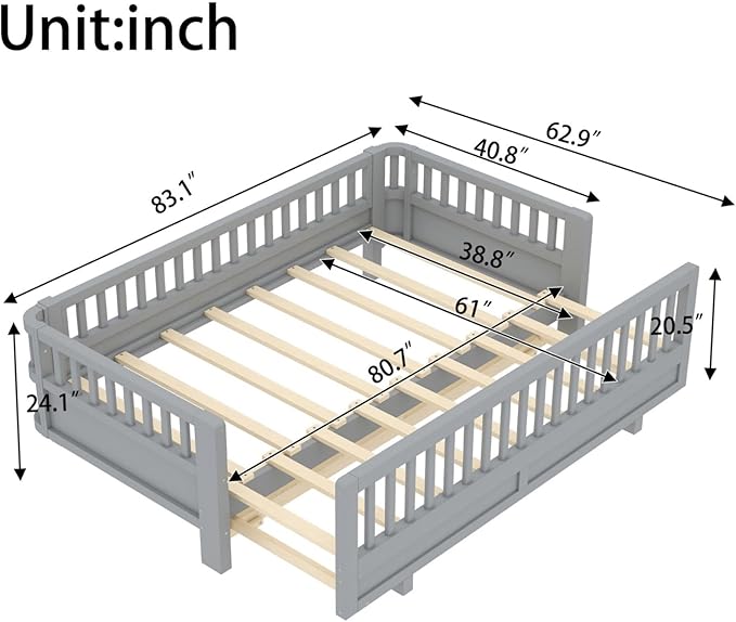 KEIKI Solid Wood Expandable Twin XL Size Floor Bed for Kids with Guardrails, Can Be Converted into a Queen Bed Platform, Montessori Low Profile Bedframe Daybed for Girls Boys, No Box Spring Needed