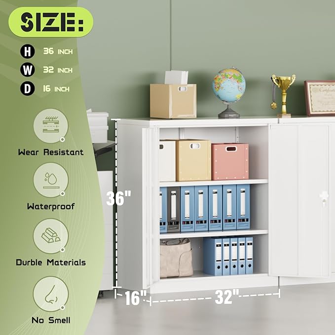 Crownland 36" Metal Storage Cabinet, Lockable Garage Storage Cabinets, Office File Cabinet with Adjustable Shelves for Garage, Home Office, Classroom, Pantry, File(White-Narrow Size)