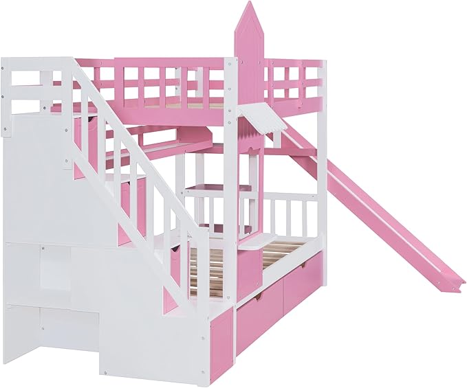 Twin-Over-Twin Castle Style Bunk Bed with 2 Drawers and 3 Shelves, Wood Bunk Bed Frame with Slide and Storage Staircase for Kids Teens Boys Girls, Maximize Space Savings