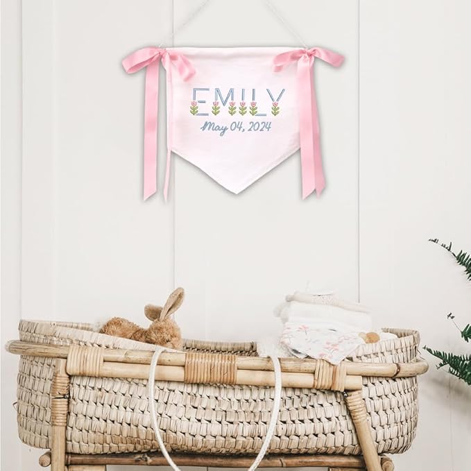 Embroidered Baby Name Sign Personalized Baby Announcement Sign Newborn Baby Banner with Bows Baby Hospital Name Sign Canvas Hanging Pennant Flag Custom Infant Baby Name Baby Shower Banner (09)