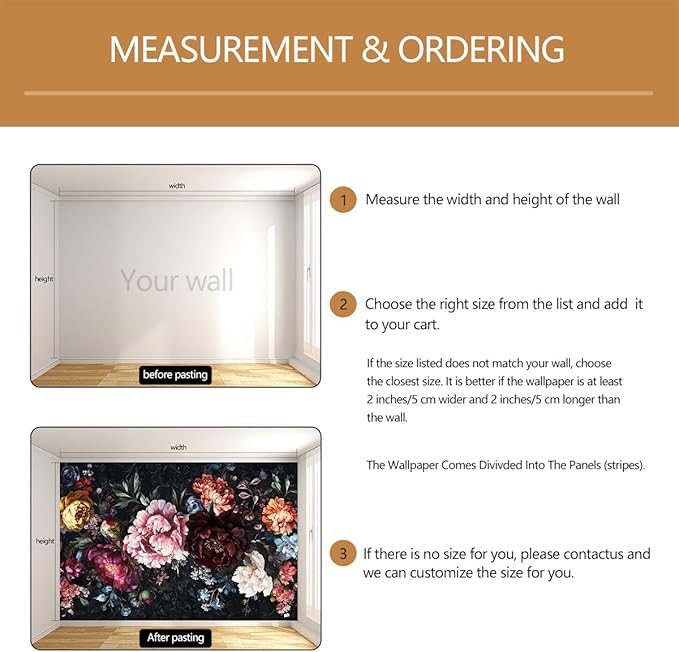 Dark Floral Wallpaper Mural Large Peony Flowers Wall Murals for Bedroom（Not Peel and Stick）