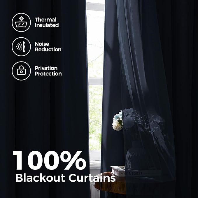 100% Blackout Curtains for Bedroom, Double Layer Navy Blue Curtains, Black Out Curtain 84 inch long With Sheer Overlay for Living Room, Room Darkening Window Drapes with Grommet, 52"W x 84"L