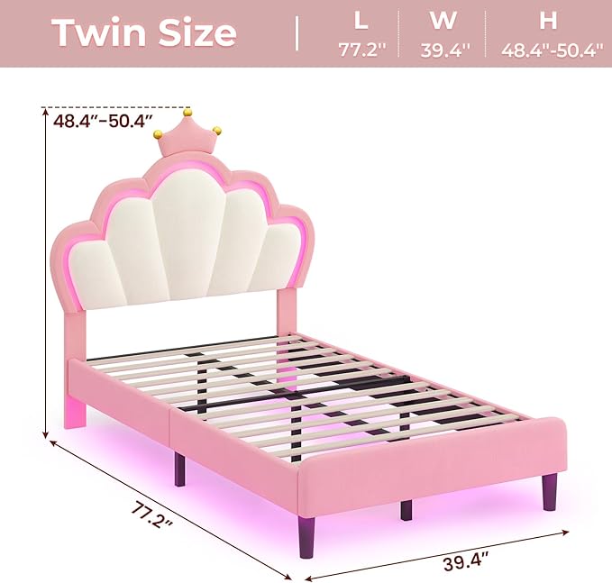 BTHFST Twin Size Bed Frame with LED Lights, Girls Twin Bed with Princess Crown, LED Velvet Upholstered Platform Bed Frame with Adjustable Headboard, No Box Spring Needed, Pink