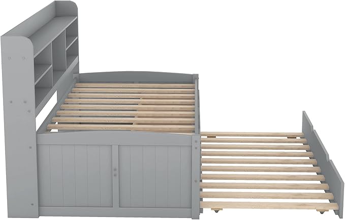 Harper & Bright Designs Twin Size Captain Bed with Built-in Bookshelves/3 Storage Drawers/Trundle, Wooden Twin Daybed Bed Frame for Kids Teens Dorm Bedroom Multipurpose Guest Room, Light Grey