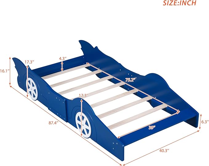 Twin Size Race Car-Shaped Platform Bed Bedframe with Wheels, 87.4" L x 40.3" W x 16.1" H Blue