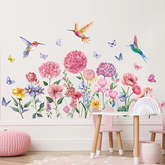 Pink Flowers Wall Sticker Peel and Stick Plant Floral Wall Decal DIY Removable Butterfly Bird Wall Art Murals Watercolor Daisy Flower Wall Sticker for Bedroom Princess