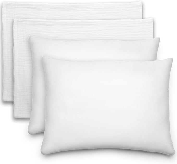 Comfy Cubs Toddler Pillow with Muslin Pillowcase, 13 x 18 in, 2 Pack - Travel and Sleep Support for Kids - Lightweight, Breathable Microfiber Fill - Soft and Cozy Small Pillow for Toddlers - White