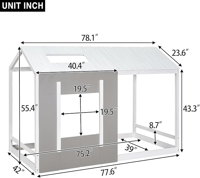 Twin Size House Platform Bed with Roof and Window,Modern Bedroom Wood Bed Frame W/No Box Spring Required,Easy to Install,for Girl Boy Kid,White+Antique Grey