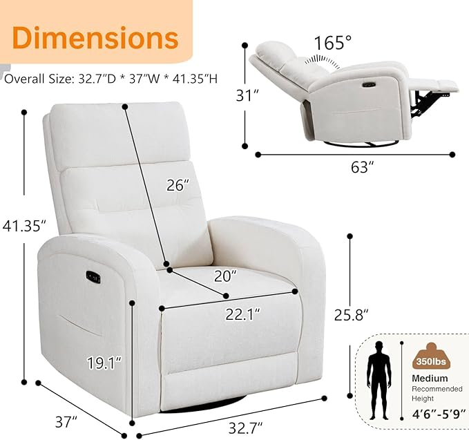 Power Glider Recliner Nursery Rocking Chairs with USB, Electric Swivel Rocker Glider Chair for Living Room, Upholstered Recliner Chairs for Bedroom, Bedroom, Chenille White