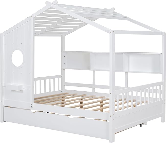 Bellemave Full Size House Bed Frame with Trundle for Kids,Full Kids Bed Frame with Bookshelves,Solid Wood House Bed for Girls,Boys,Can be Decorated,White