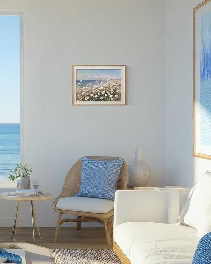 ARPEOTCY Framed Canvas Wall Art, 12x16 Inch Wildflower Coastal Landscape Print, Vintage Floral Seaside Painting for Bedroom, Bathroom, or Cottage, Rustic Horizontal Wall Decor