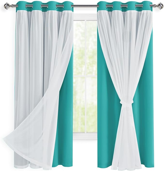 Hiasan Blackout Curtains with Sheer Overlay, Thermal Insulated Privacy Mix & Match Double Layer Window Curtains for Girls Bedroom, Living Room, 2 Drape Panels with Tiebacks,Peacock Teal, 52W X 63L