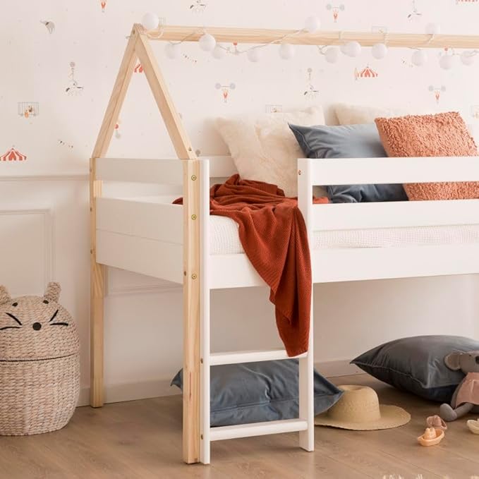 From the Tree Furniture Twin Loft Bed with Slide for Kids – Solid Wood House Frame with Safety Rails, Low Loft Playhouse Bed