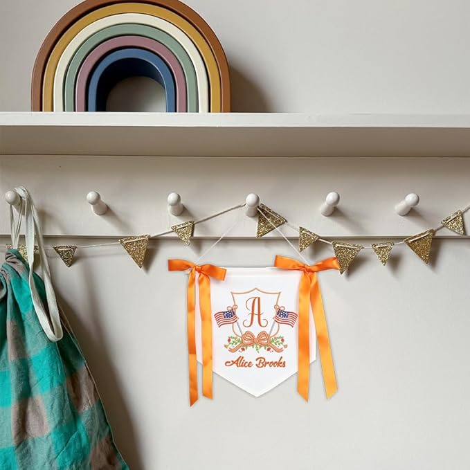 Embroidered Baby Name Sign with Bows Personalized Baby Announcement Sign Newborn Baby Banner Baby Hospital Name Sign Canvas Hanging Pennant Flag Custom Infant Baby Name Baby Shower Banner (09)