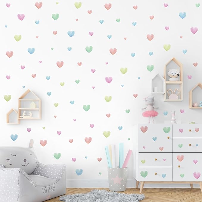 Watercolor Heart Wall Stickers,Colorful Heart Wall Decals,Easy to Peel and Stick Multicolor Heart Wall Decoration for Kids Bedroom Wallpapper Nursery Living Room Classroom Wall Décor