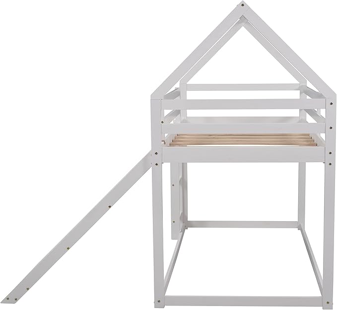 MERITLINE House Shaped Bunk Bed Twin Over Twin Size Wood Bunk Bed with Slide Low Bunk Beds for Boys and Girls, Twin Size, White