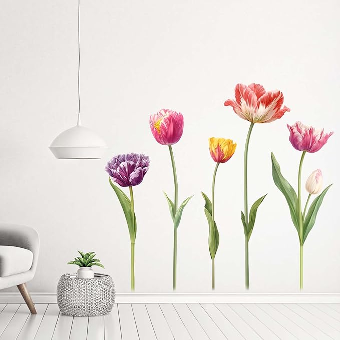 5 Large Tulip Flowers Wall Stickers - Wildflower Floral Garden Wall Stickers - Girls Bedroom Living Room Sofa TV Background Home Wall Decor