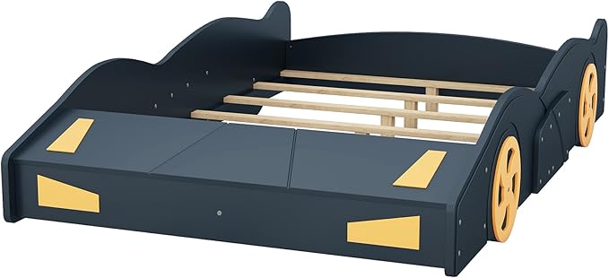 Flieks Full Size Race Car-Shaped Platform Bed Frame for Boys Girls Kids Adults Toddler with Wheels and Storage, Dark Blue+Yellow