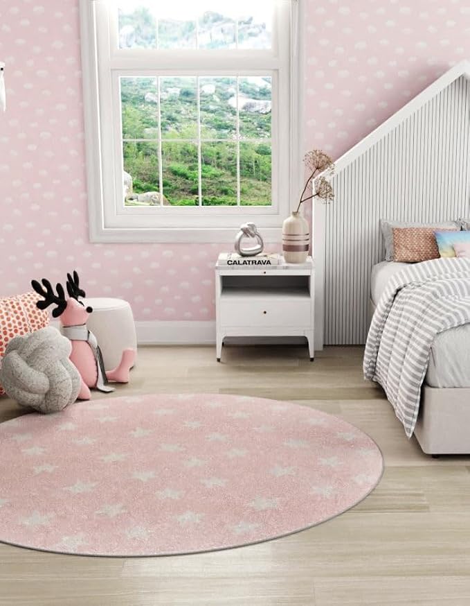 Unique Loom Whimsy Kids Collection Area Rug - Stars (7' 10" Round, Pink/ Ivory)