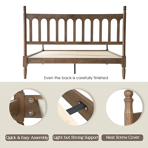 King Size Solid Wood Platform Bed Frame with Headboard & Footboard, 12 Sturdy Slatted Base, Metal Legs, No Box Spring Needed, Anti-Slip & Noise-Free, Easy Assembly, Barnwood Finish, WCK-30