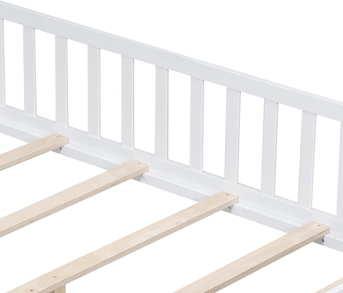 Full Size Floor Platform Bed with Fence and Lockable Door, Wood Montessori Bed Frame with Slat Support for Kids,Girls,Boys, Easy to Assemble,White