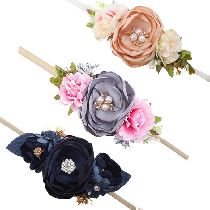 Baby Girl Floral Headbands- 3pcs Nylon Headband Handmade Flower Crown Elastic Hairband Newborn Toddler Hair Accessories Gifts for Girls （1-6 years old）