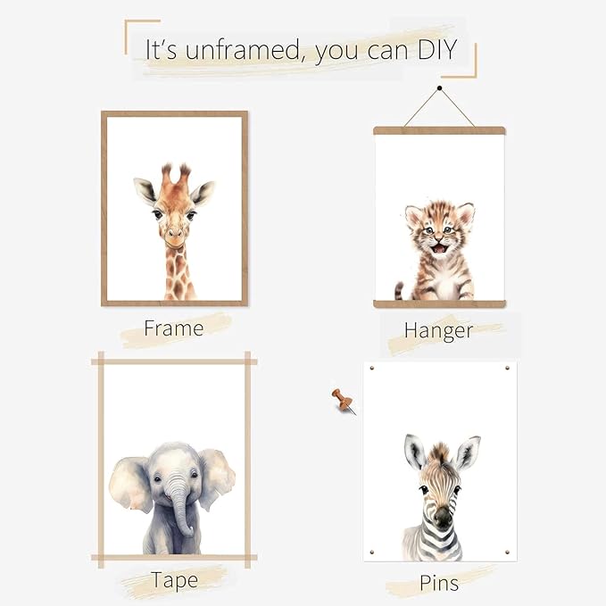 Wodkwq Nursery Wall Art Safari Animal Canvas Prints Baby Girl Boy Room Decor Poster Pictures Cute Jungle Theme Toddler Room Decoration Painting Set of 6 for Kids Bedroom Bathroom 12x16in Unframed