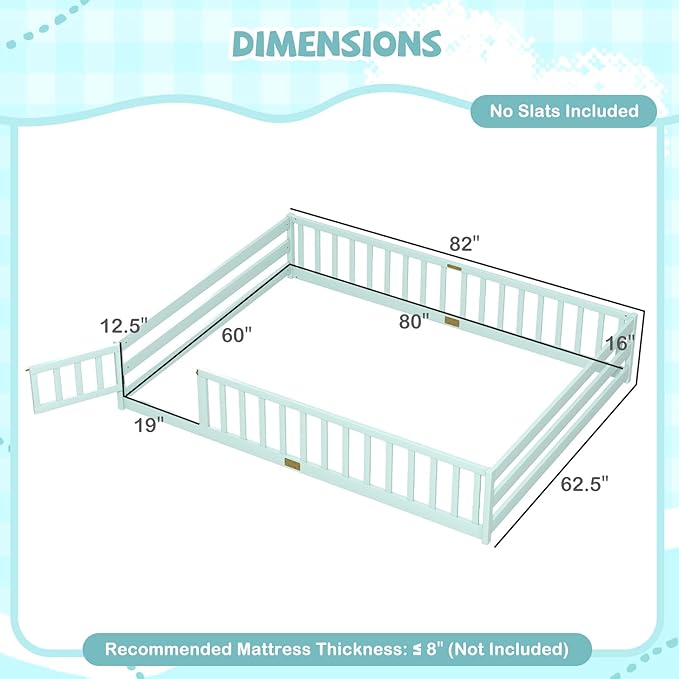 Giantex Queen Floor Bed with Door & Fence, Kids Wood Montessori Beds with Safety Guardrails, Floor Bed Twin for Kids, Boys, Girls, No Box Spring Needed, Mint Sky
