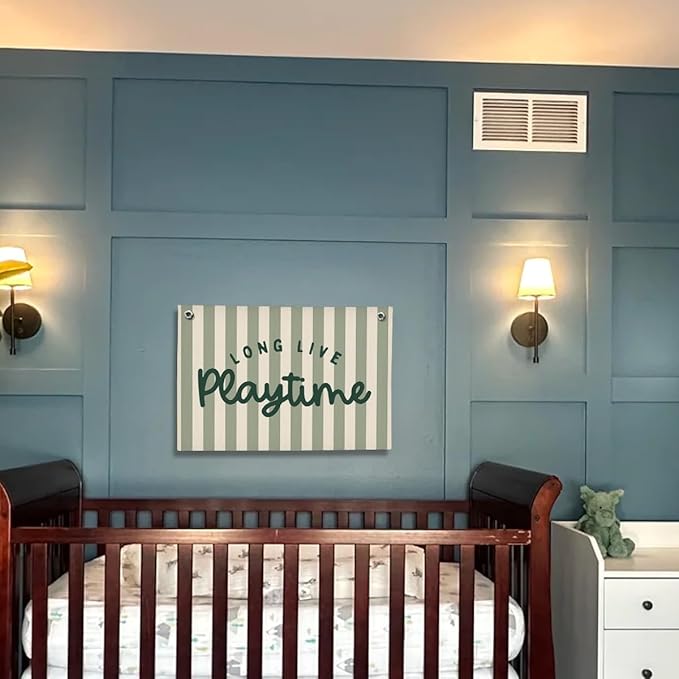 Playroom Decor, Long Live Playtime Wall Hanging Linen Banner, Blue Striped Wall Flag for Kids Room Nursery Playroom Decor, 20x30 Inch-Green