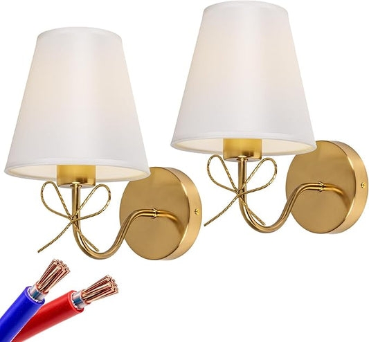 Antique Brass Wall Sconces Set of Two, Bow Sconces Decor Gold Wall Lights Brass Brushed Gold Sconce with Fabric Shade, E26 110V Hardwired Wall Lamps for Girl Bedroom, Living Room, Nursery Room
