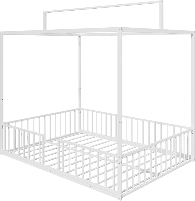 Merax Full Size Convertible Montessori Floor Bed, Metal House Bed Framefor Kids, Floor Beds with Fence for Kids,White