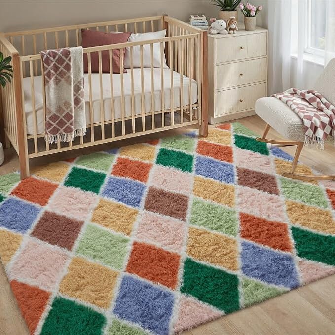 4x6 Checkered Rug for Living Room Colorful Modern Soft Area Rug Fluffy Non-Slip Carpet for Bedroom Playroom Home Aesthetic Decor