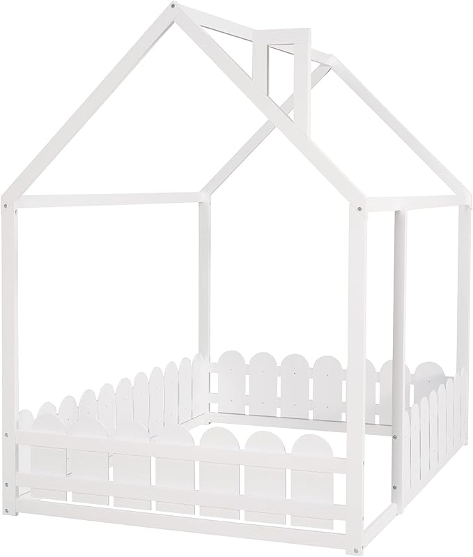 MERITLINE House Bed Wood Full Playhouse Bed Frame with Roof Twin Size House Bed for Girls Boys Kids, Box Spring Needed (White, Full)