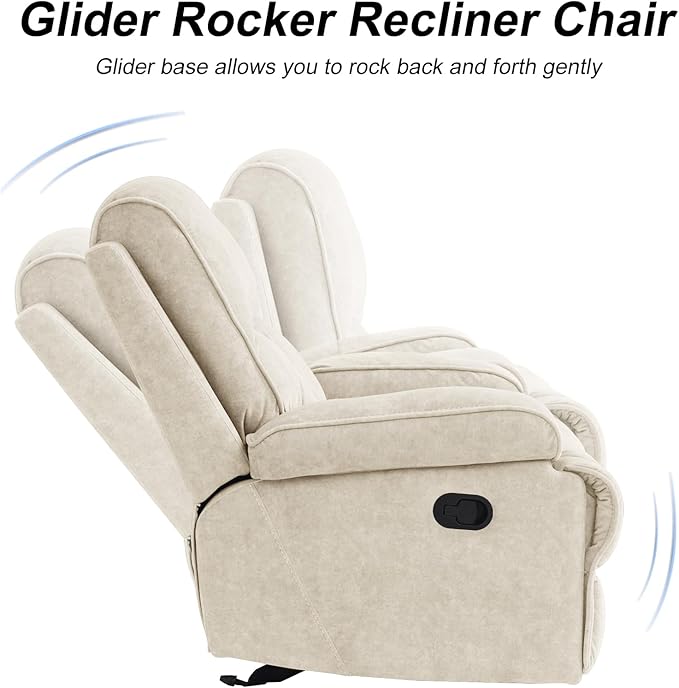 Manual Rocker Recliner Chair for Adults, High Back Glider with Deep Seat, Upholstered Fabric Armchair for Living Room & Nursery, Beige