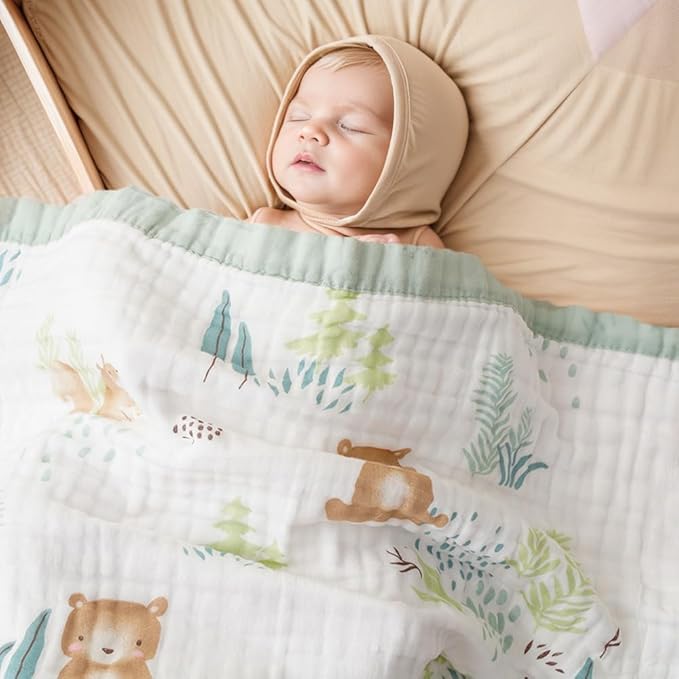 BATTILO PTY 6 Layer Muslin Baby Blankets, Nursery Blankets for Boys Girls, Swaddle Blankets Babt Blanket Neutral Soft Lightweight Toddler and Kids Throw Blanket (Green Squirrel)