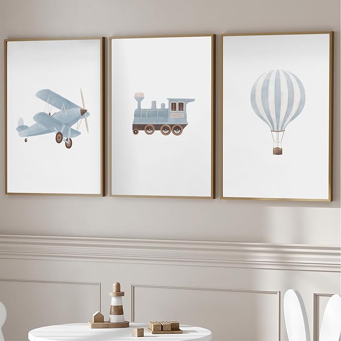 Blue Hot Air Balloon Plane Train Prints Wall Art Decor Vintage Travel Boy Nursery Wall Art Watercolor Toddler Art Blue Hot Air Balloon Plane Train Prints Bedroom Home Decor Nursery No Frame 12x16inch