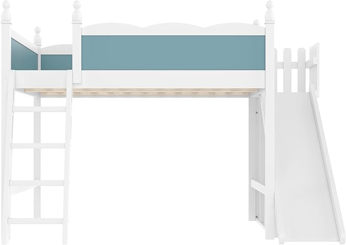 SOFTSEA Queen Size Loft Bed with Slide, Kids Loft Bed with Open Shelves and Cabinet, Playhouse Bed Frame with Detachable Slide and Ladder for Kids Boys, Blue + White