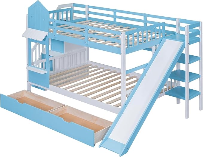 MERITLINE Full Over Full Castle Bunk Bed with Slide,Stairs and Drawers,Solid Wood Floor House Princess Bunk Bed with Storage Shelves (Blue,Full Over Full)