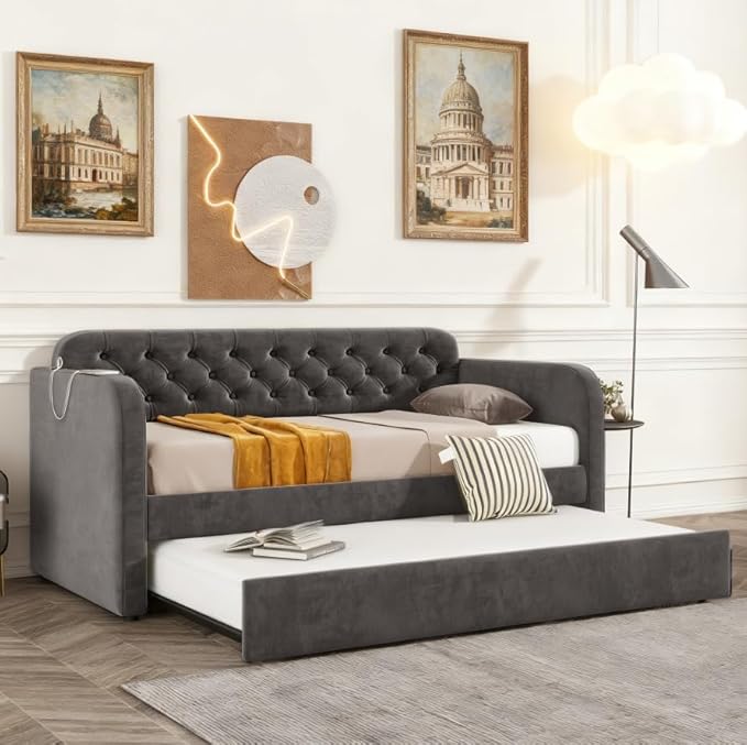 Bellemave Twin Upholstered daybed with Trundle and USB Charging, Velvet Tufted Sofa Bed Twin Size, daybed with Trundle for Adults, Kids, Girls, Teens, for Living Room, Dark Grey